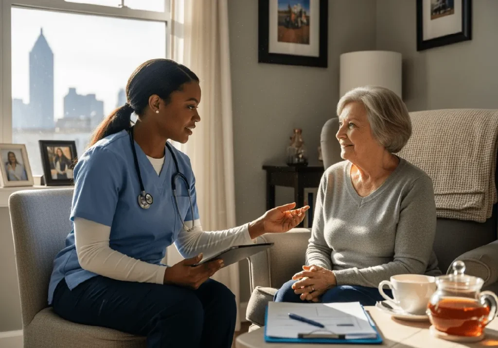 NYNA nurse providing home care support and companionship for an older adult in Atlanta.
